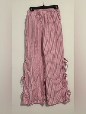Pink and White Striped Wide-Leg Tie-Detail Pants
